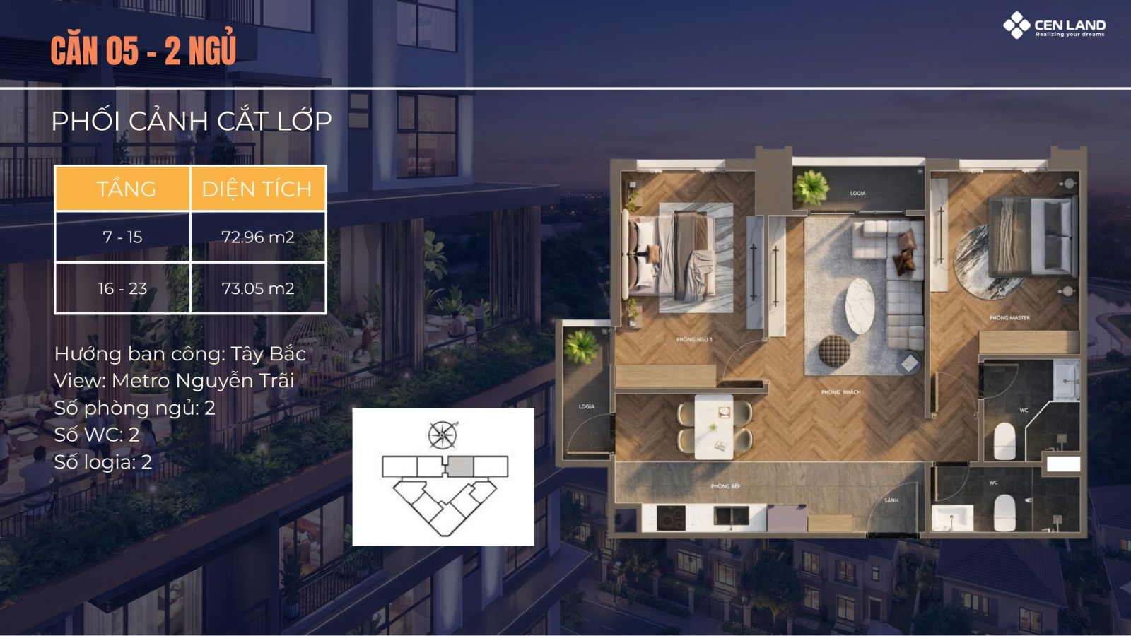 Thiết kế căn 05 - 02 phòng ngủ chung cư Động Lực Tower