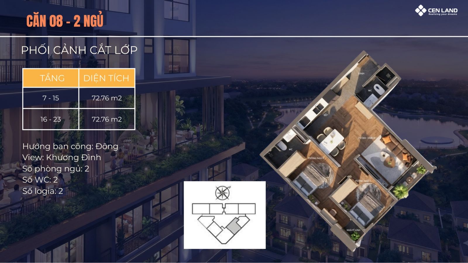 Thiết kế căn 08 - 02 phòng ngủ chung cư Động Lực Tower