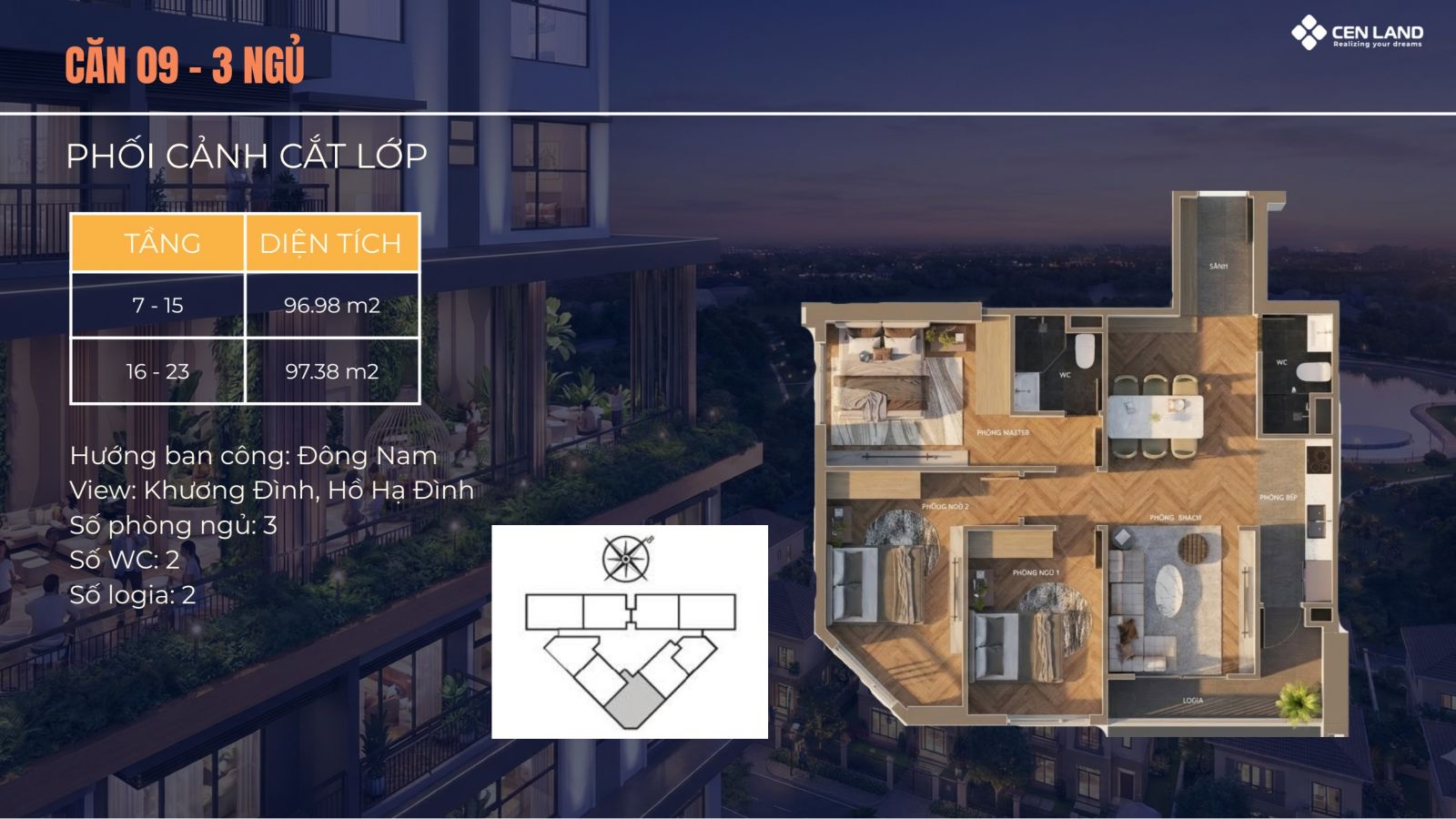 Thiết kế căn 09 - 03 phòng ngủ chung cư Động Lực Tower